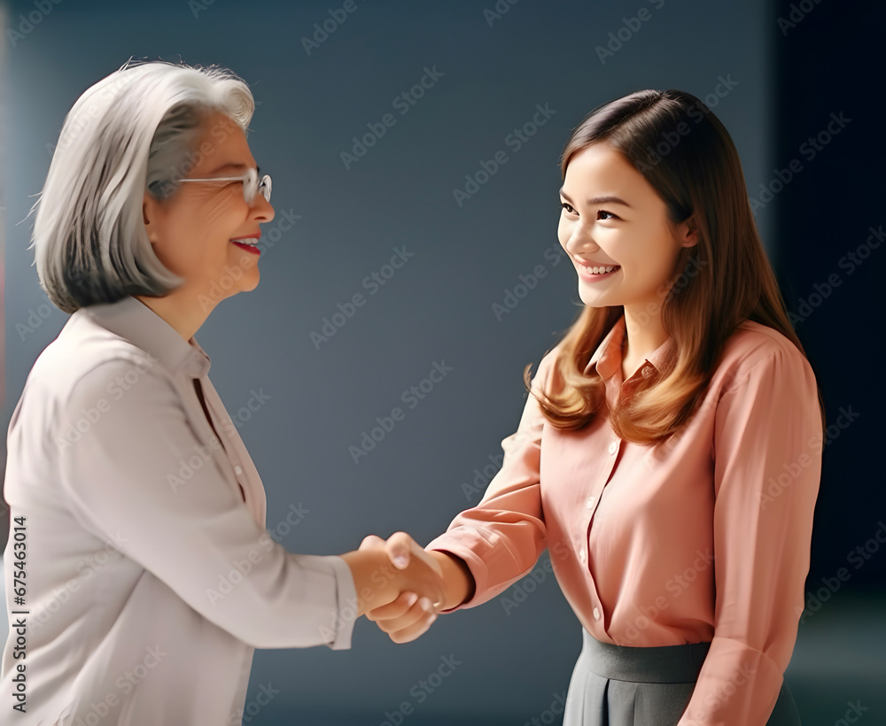 Asian girl shaking hands with elderly woman Asian girl shaking hands with elderly woman