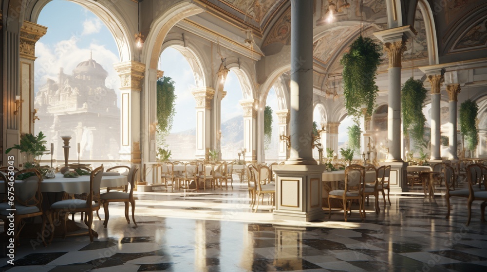 A neoclassical cafeteria with grand columns, arches, and frescoes, with marble floors and a fountain as the centerpiece.