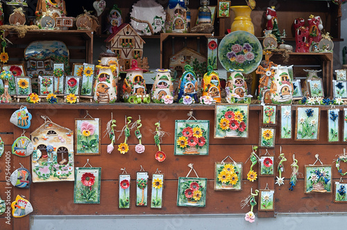 The various colored souvenirs and gifts for selling to tourisrs at port shop area of Lake Konigssee Bavaria, photo