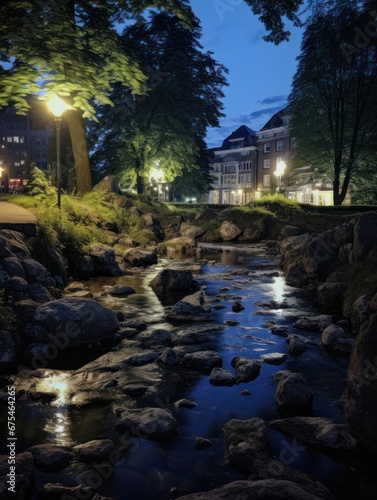 Flowing Creek in a Park at night