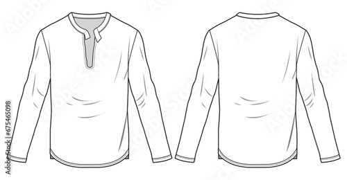 Men's long sleeve Hanley neck T Shirt flat sketch fashion illustration drawing template mock up with front and back view. Crew neck band collar t-shirt cad drawing
