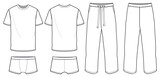 Mens lounge T Shirt and boxer brief short with pants design set flat sketch illustration front and back view, Set of sleepwear trunk short sleepwear pajama trouser bottom cad drawing vector mock up