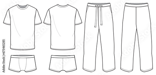 Mens lounge T Shirt and boxer brief short with pants design set flat sketch illustration front and back view, Set of sleepwear trunk short sleepwear pajama trouser bottom cad drawing vector mock up photo