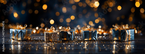 Christmas Gifts. Magical Gift Box: Golden Bokeh on Midnight Blue Background. Christmas gift box on bright bokeh background.