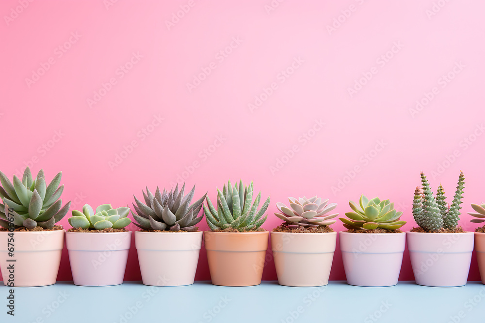 minimalistic light green background with succulents, with empty copy space