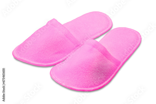 A pair of pink disposable textile slippers on a transparent background. PNG. Side view.