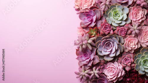 minimalistic light green background with succulents  with empty copy space