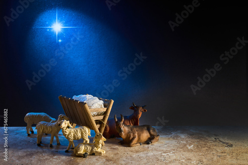 Christmas Nativity Scene of baby Jesus in the manger surrounded by the animals photo