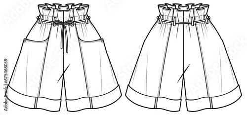 Womens rope belted paper bag waist shorts front and back view flat sketch fashion illustration drawing vector template