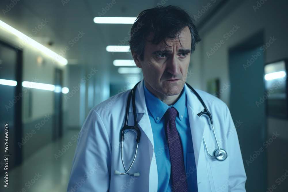 Close up shot of tired doctor wearing medical uniform in hospital interior. Serious doctor in clinic corridor Close up shot of tired doctor wearing medical uniform in hospital interior. Serious doctor in clinic corridor