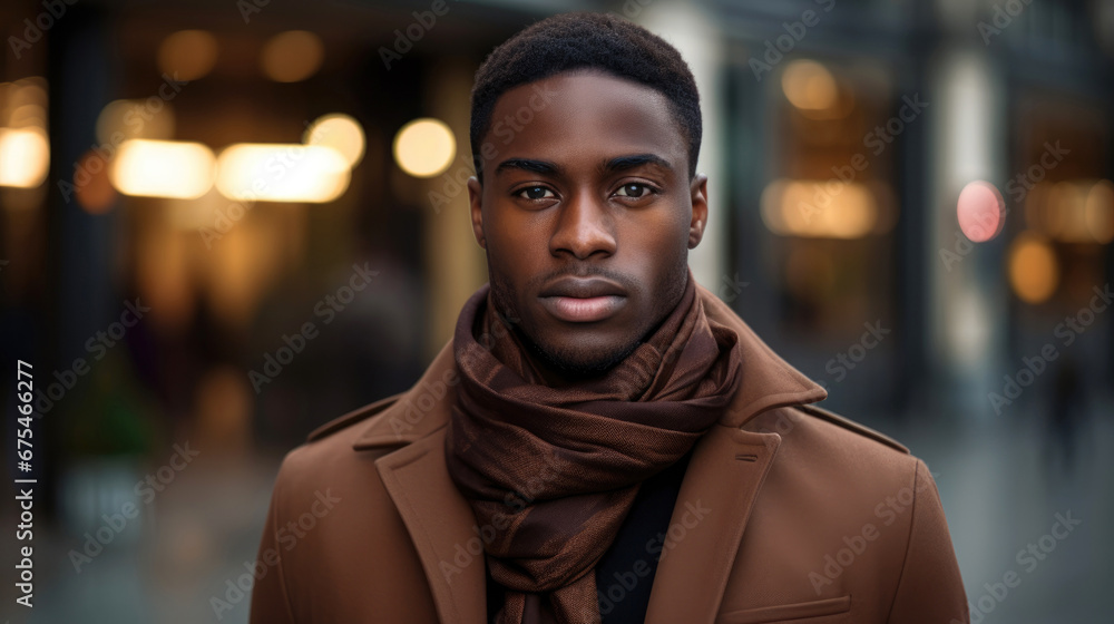 Portrait of handsome african american businessman with scarf on the street looking at camera Portrait of handsome african american businessman with scarf on the street looking at camera