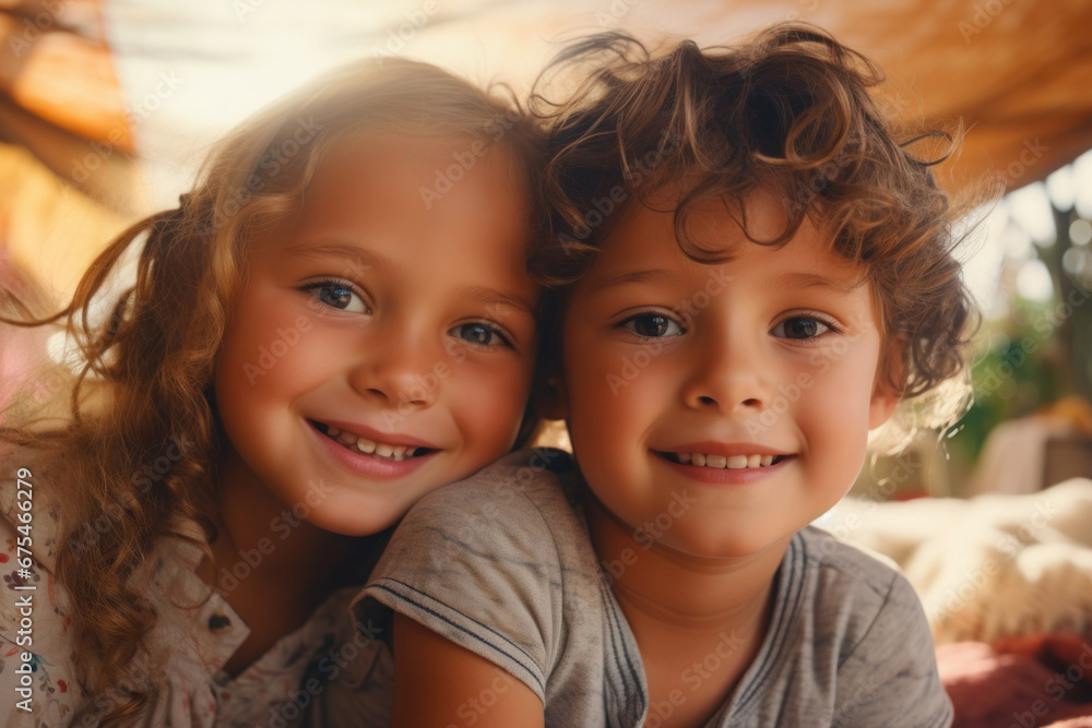 Boy and girl making selfie. Happy children spending time together. Brother and sister smiling and looking at camera Boy and girl making selfie. Happy children spending time together. Brother and sister smiling and looking at camera