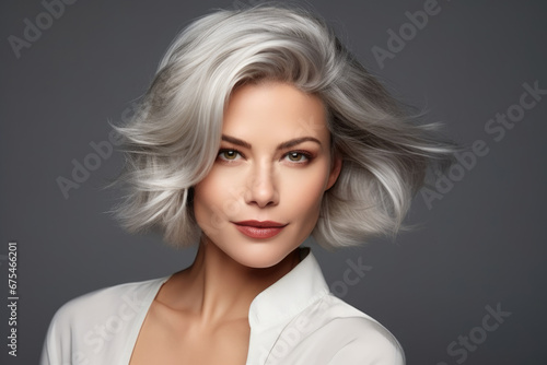 A stunning woman with elegant gray hair looking at camera on dark grey background