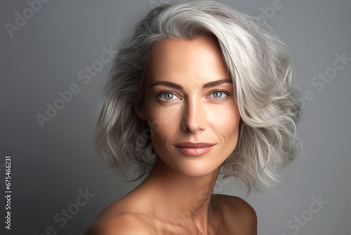 A beautiful smiling woman with gray hair looking at camera on dark grey background