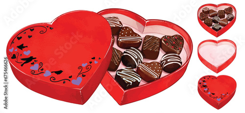 Heart shaped Valentine chocolate box with chocolate candy inside watercolor vector illustration for holidays celebration and romantic designs. empty and full red heart box.