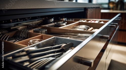 A drawer with utensils and silverware in it, AI photo