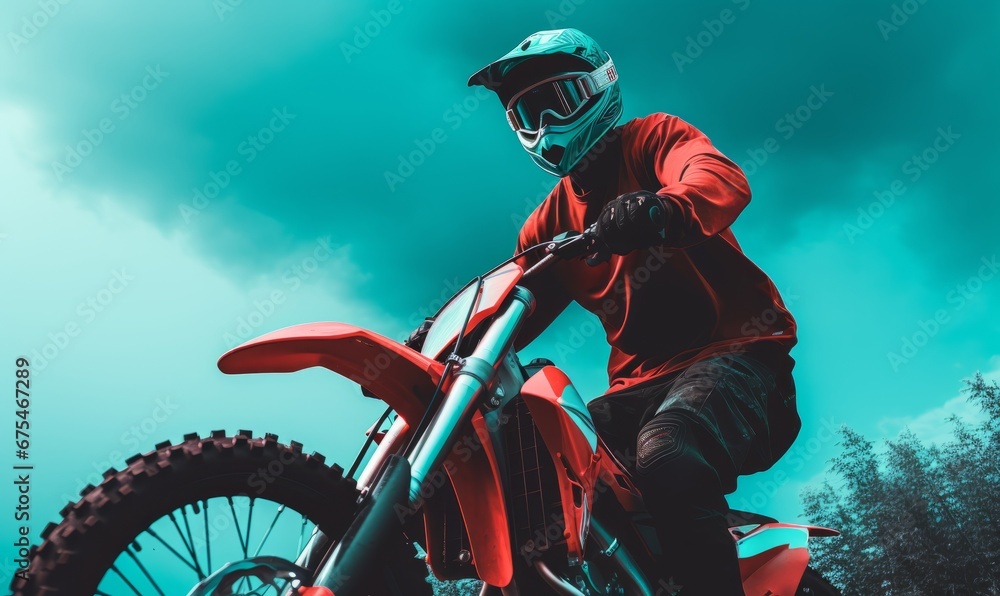Naklejka premium Motocross Rider in Red Gear Preparing for a Ride under Blue Sky