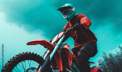 Motocross Rider in Red Gear Preparing for a Ride under Blue Sky