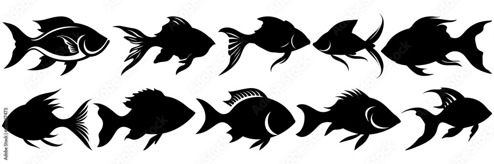 Fish silhouettes set, large pack of vector silhouette design, isolated white background Fish silhouettes set, large pack of vector silhouette design, isolated white background