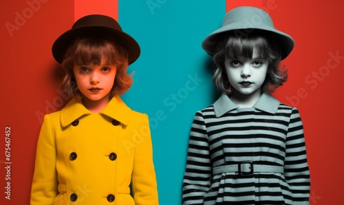 Dual-Tone Glamour :Twin Girls in Bold Striped and Yellow Outfits with Vintage Hats Against Split Colored Background