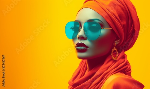 Dual-Tone Glamour : Vibrant Orange Hijab and Sunglasses Fashion Portrait