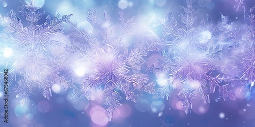 Snowflakes texture in pink, purple and white for winter background. Close-up of ice flowers with small bokeh effect for luxury, business. Natural, seamless pattern.