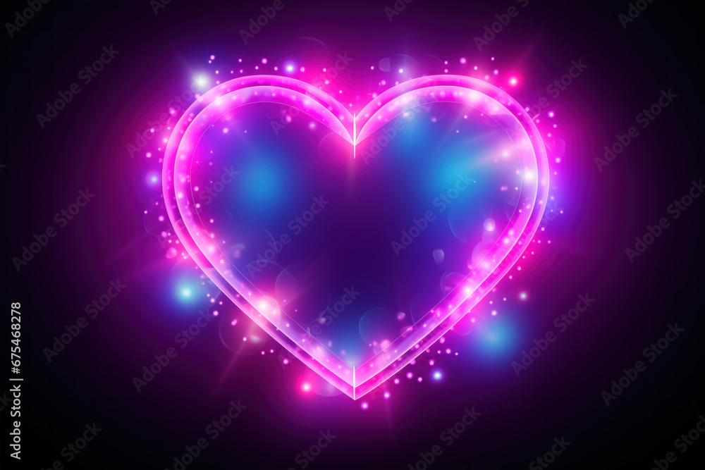 Neon heart shape frame on black background, shiny and glowing