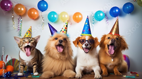 Group of dogs and cats celebrating a birthday partywith balloons at home in the evening, ai generative