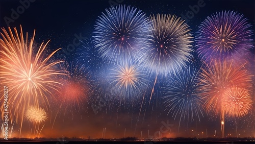 Fireworks background in night sky. High resolution background with lighting effect and sparkle with copy space for text. Background images for banner and poster.