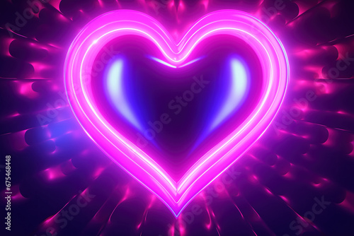 Neon heart shape frame on black background, shiny and glowing