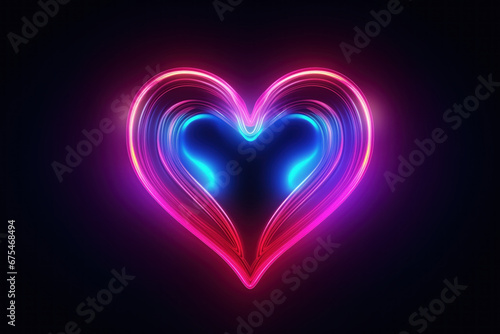Neon heart shape frame on black background, shiny and glowing
