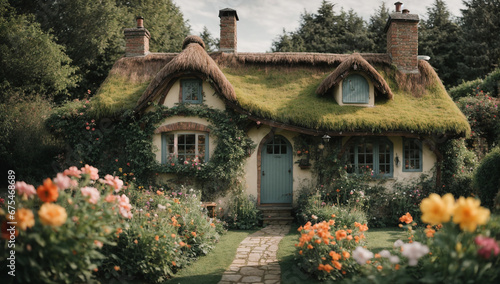 a whimsical cottage straight out of a fairy tale, complete with a crooked chimney, a leaning fence, and a magical garden - AI Generative