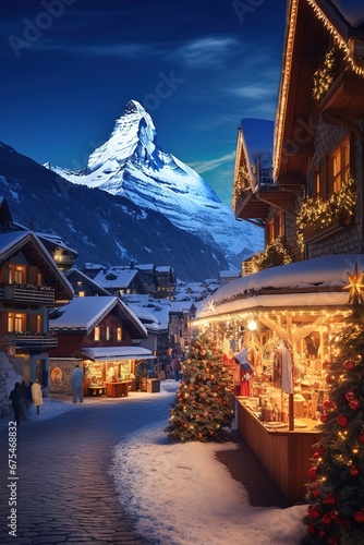 Zermatt, Switzerland. Abastract image of a Christmas Market, Matterhorn Mountain in Alps.