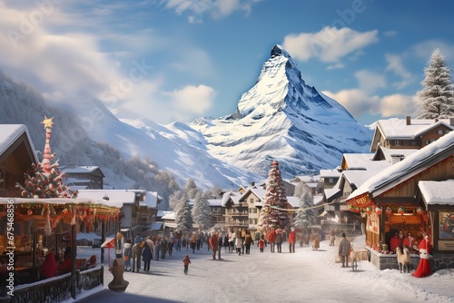 Zermatt, Switzerland. Abastract image of a Christmas Market, Matterhorn Mountain in Alps. photo