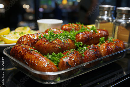 Sausage on the grill with sauce and herbs in a restaurant