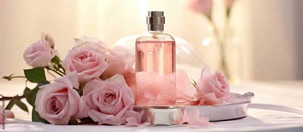 In the background of the tranquil spa delicate floral arrangements featuring roses gently perfume the air while therapists provide luxurious massages using aromatic natural oils Glass bottle In the background of the tranquil spa delicate floral arrangements featuring roses gently perfume the air while therapists provide luxurious massages using aromatic natural oils Glass bottle