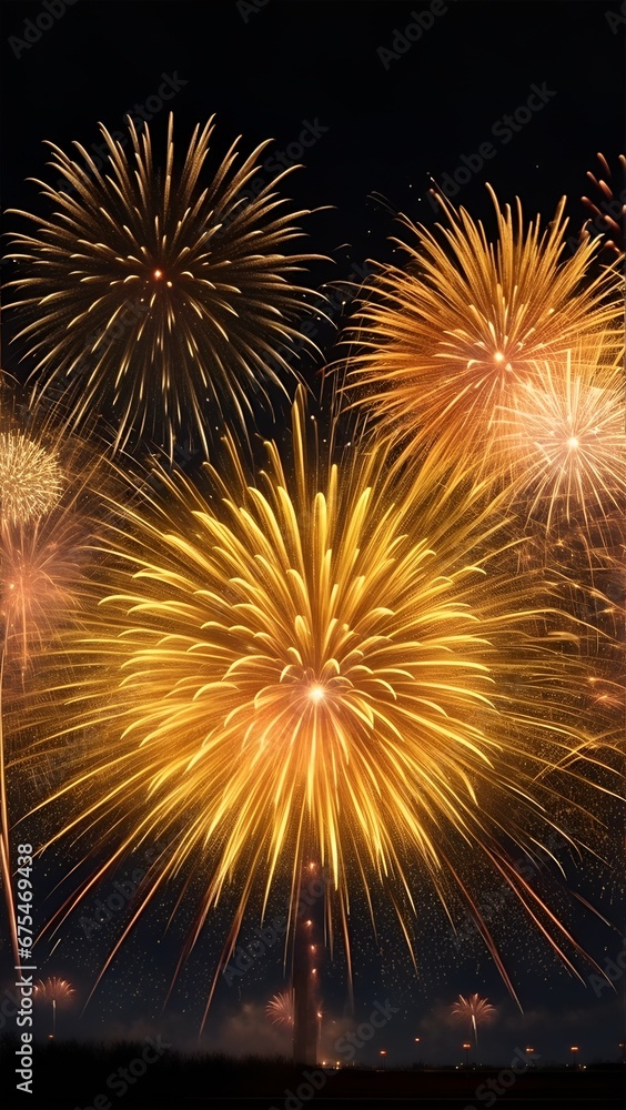 Golden fireworks background. High resolution background with lighting effect and sparkle with copy space for text. Background images for banner and poster.  New year's eve background