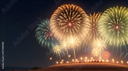 Golden fireworks background. High resolution background with lighting effect and sparkle with copy space for text. Background images for banner and poster.  New year s eve background
