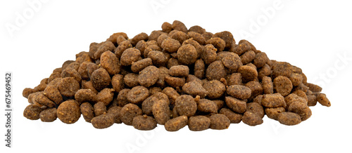 A slide of dry dog food on a white background. Food for dogs and cats in granules photo