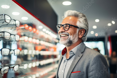 Attractive mature man chooses and tries on glasses in an ophthalmology store photo
