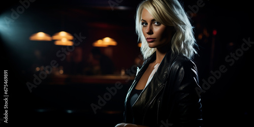Blonde nightclub woman 35 years old  attractive  wide view  dark background