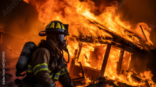 firefighter close to a burning house
