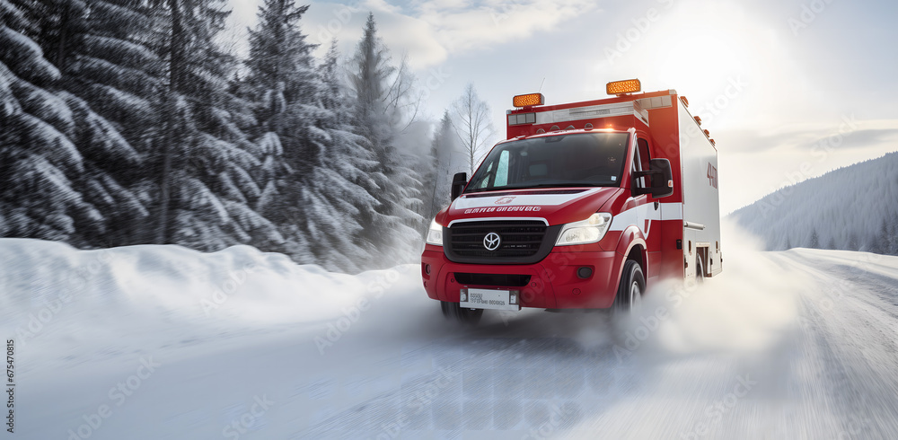 Une ambulance en intervention sur route enneigée dans un paysage forestier hivernal. Une ambulance en intervention sur route enneigée dans un paysage forestier hivernal.