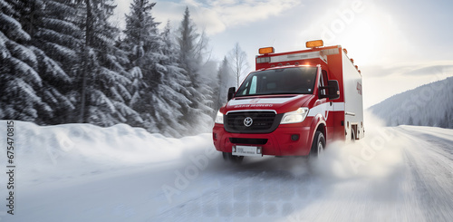 Une ambulance en intervention sur route enneigée dans un paysage forestier hivernal.