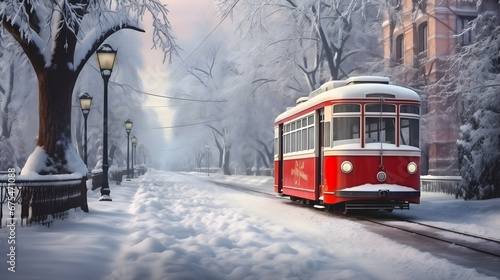Un tramway rouge traditionnel circulant sur des rails enneigés le long d'une allée bordée d'arbres couverts de neige dans une atmosphère hivernale et brumeuse.
