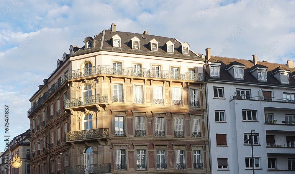 Historic old facade in downtown of Strasbourg, France,