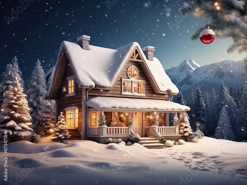 Cozy wooden house in mountains at night with christmas trees and gifts in winter in the snow with Christmas decor - holiday card