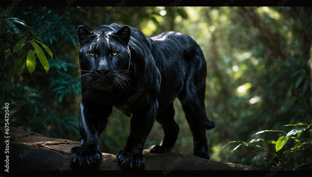 A wise and mysterious black panther, its ebony coat glistening with a sleek, otherworldly sheen, conceals itself in the deepest recesses of an ancient, dense jungle - AI Generative