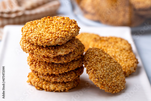 Ramadan sweets background. Cookies of El Fitr Islamic Feast. Egyptian cookies "Kahk El Eid" Turkish name; Kahke