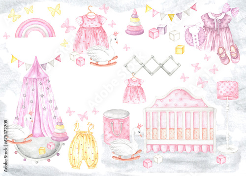 Little girl watercolor card, illustration set. Children's clothing, toys, crib. Birthday, Baby shower. Pink, purple, yellow colors. Illustrations isolated. For cards, stickers, posters, notepads © Сабина Жуковец